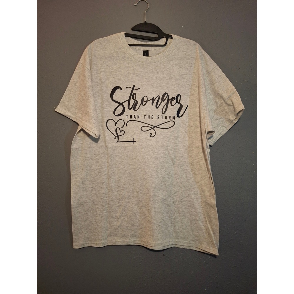 Gildan Stronger Than The Storm Graphic T-Shirt Gray Short Sleeve Womens Large